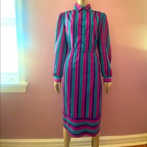 Vintage 80s Striped Jewel Tones Shirtdress Size M